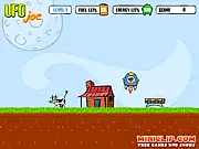 UFO Joe, a small alien in a flying saucer spacecraft, carefully landing on a green base after navigating complex obstacles in the free online game