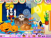 Halloween Table Decoration free online game screenshot, showing a dining table set with a festive Halloween-themed tablecloth, plates, and a carved pumpkin centerpiece