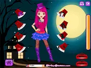 Screenshot of the free online game Zombie Girl Dress Up showing a girl with zombie makeup and torn clothes standing in a fashion studio.