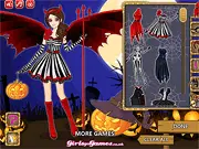 Screenshot of the Halloween Girl Perfect Dress Up online game, featuring a female model dressed in a gothic, spooky-cute black and red dress with white lace and dark accessories.
