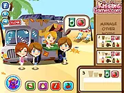 The Mama's Ice Cream Shop game screen, showing a colorful counter with various ice cream flavors and topping dispensers. A clock in the corner indicates a time limit, and several animated customers are waiting for their customized orders.