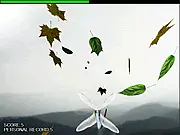 Gameplay screenshot of Dragonflyer 3D showing a detailed dragonfly flying in a storm, surrounded by large, floating leaves and glowing flies
