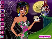 The main screen for Cool Halloween Dress Up showing a stylish female avatar wearing a unique Halloween costume, with menus displaying options for hair, clothes, and accessories.
