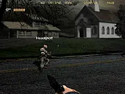 The character shooting a rifle at a group of zombies approaching a damaged wooden barricade in the free online defense game, Survival Instincts