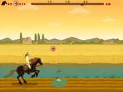 Animal Doctors free online game screenshot showing Emma riding a horse and jumping over a fence in a sunny countryside field.