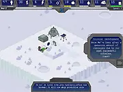 Europa strategy game screen showing a scientific base, ice mining operations, and hydroponics domes on the icy surface of the moon.