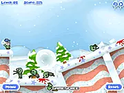 Gameplay image of Winter Zombie Invasion showing a snowy battlefield with blocky zombies hiding behind unstable ice blocks, ready to be hit by a snowball.