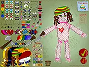 Screenshot of the Voodoo Doll Maker game interface showing a customizable, stitched cloth doll ready to be styled with accessories.