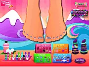 A close-up of a hand featuring brightly colored, rainbow-themed nail art and matching Rainbow Loom bracelets in the free online design game