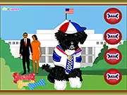 Screenshot of Obama's Dog Dress Up game showing Bo the Portuguese Water Dog wearing a bowtie and a presidential outfit.