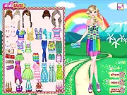 Screenshot of Rainbow Summer Dress Up game, a girl in a vibrant, colorful outfit surrounded by rainbow colors, free online dress-up game