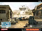 Army Sharpshooter 2 free online action game screenshot showing a first-person view of a sniper sight aimed at enemy soldiers