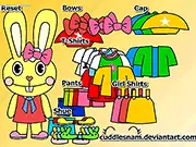 Screenshot of Cuddles Dress Up game showing the character Cuddles in a fashionable outfit, surrounded by various clothing icons and accessories
