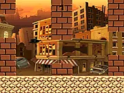Gameplay screenshot of City Flappy Crow showing a dark, pixelated crow flying between the ruins of tall, demolished city buildings