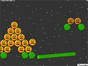 Screenshot of the Pumpkin Remover online puzzle game, showing a rotten pumpkin precariously balanced on wooden blocks, ready to be eliminated using physics.