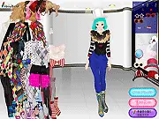 Cute Clown Style Dress Up game featuring a character in a vibrant, exaggerated clown costume with multi-colored hair and a large cloak