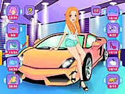 The Auto Show Girl Dress Up free game screenshot showing a female model standing next to a sleek red sports car, surrounded by fashion and clothing options.