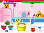 Screenshot of the Halloween Pumpkin Bread online cooking game, showing a bowl of batter and various ingredients like pumpkin and flour being mixed for baking.