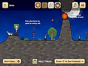 Gameplay screenshot of Pic n Pop 2 showing a basketball on a court with visible trajectory lines aiming towards a hoop and a referee target
