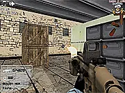 A soldier aiming an assault rifle across a dusty 3D military base with wooden barriers and sandbags in the free Desert Squad 3D First Person Shooter game.