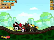 Angry Birds Race free online game screenshot, Red Bird racing a Bad Piggy up a bumpy hill in a cartoon car on PlayArcadeHub