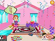 Screenshot of My Mom's Birthday Party game, Maria and a decorated room with balloons and cake, free online game