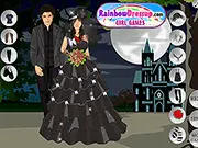 Screenshot of the Eclipse Wedding Dress Up online game, featuring a vampire bride and groom in stunning gothic wedding attire, ready for their dark ceremony.