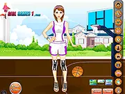 Basketball Girl Dress Up free online game screenshot showing a female basketball player in a team uniform holding a basketball
