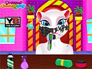 Screenshot of Talking Angela Grooming game, Angela with a mustache and beard being shaved, free makeover game online