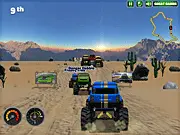 Screenshot of Monster Truck Rally game, a huge monster truck driving over crushed cars on a dirt track, free racing game