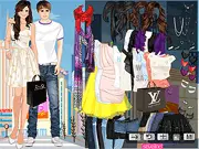 Screenshot of the free online celebrity game, Selena Gomez and Justin Bieber Hanging Out Dress-Up, showing the famous couple in modern outfits.