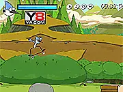 Regular Show Xtreme Skate free online game screenshot, Mordecai skateboarding and jumping over an obstacle on PlayArcadeHub