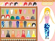 Screenshot from the free online game Dressie Dressup showing a girl standing in a virtual dressing room surrounded by clothes, tops, and accessories.