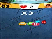 The Ninja Cat Hero Fighter game in action, showing a blade slicing through colorful, cartoony targets while avoiding black bombs, highlighting the fast-paced arcade gameplay.