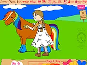 Me & Pony Creator free online game screenshot - girl and her customized pony standing together in a field with flowers and hearts from the scrapbooking items.