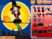 Screenshot of the Halloween's Day Witch Dress Up game, showing the witch Molly in a magical gothic outfit, available to play free online