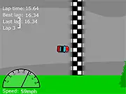 Screenshot of Incision Racing 2D showing a small car racing across a hilly track in a 2D side-scrolling perspective, available free online