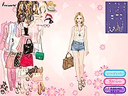 Play Retro Charm free online game, model wearing a pink waistcoat and high-waisted shorts with vintage hair ornaments and necklaces.
