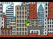 The City Bird game screen, showing a small bird flying between two large, brick-like chimneys that are moving up and down to form a narrow gap. The bird is mid-flight in the gap, and the background is a stylized cityscape.