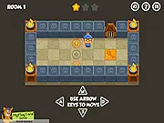 Gameplay screenshot of Puzzle Tower, a hero standing in a room with a complex logic puzzle and a door.
