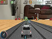 High-speed Slot Car Mania arcade racer game screen featuring multiple lanes and power-ups on PlayArcadeHub.