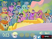 Where's Derpy free online game screenshot showing a busy, colorful scene in Ponyville where the player must find the hidden Derpy Hooves pony.