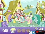 Play Where's Derpy 2 free online hidden object game on PlayArcadeHub, showing several ponies looking for the elusive Derpy in a busy cartoon scene.