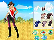 Rosa, a cartoon girl model, standing in a sunny garden wearing farm clothes and a sun hat in the dress-up game.