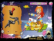 Mischief Little Witch free online Halloween dressup game featuring a cartoon witch model and a collection of spooky and ridiculous costumes.
