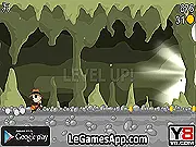 Cave Run Escape free online game screenshot, player running away from a collapsing cave with fire pits and falling rocks