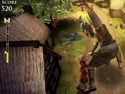 Jack The Giant Slayer free online game screenshot featuring a massive brown giant smashing buildings with a club on his way to a distant castle.