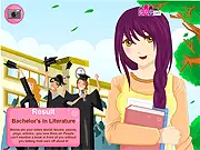 College Girl Major Quiz game screen showing a stylized female student with books and college-themed graphics, posing a quiz question.