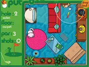Play Pitch'n Put Golf free online game. Image of a golf ball being played through a messy indoor house setting with clutter.