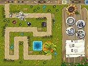 Play Matvey & Hares free online defense strategy game on PlayArcadeHub, showing Matvey defending his crop field from hungry invading rabbits.